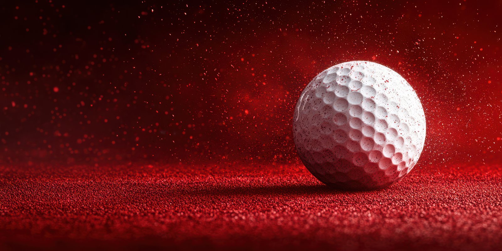 Golf ball resting on a red surface with movement captured in dust particles during an artistic display